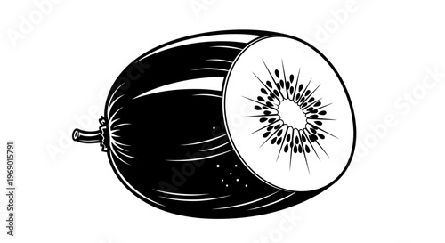 Black and white kiwi fruit illustration showing texture and detail isolated