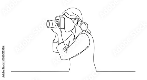 Woman photographer taking photo with camera isolated on white background