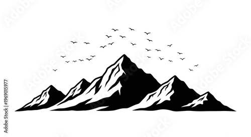 Silhouette of majestic mountain range with flying birds against white background