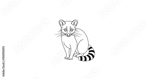 Black and white illustration of a sitting raccoon with striped tail on white background