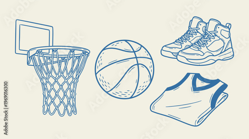 Stylized hand-drawn basketball equipment set, featuring a classic hoop, net, ball, athletic shoes, and a jersey.