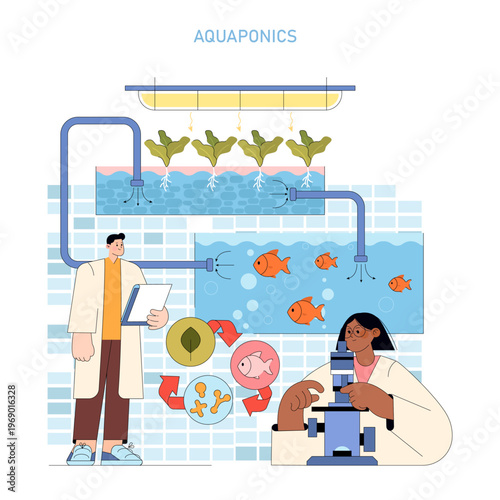 Aquaponics System Vector Illustration with Researchers