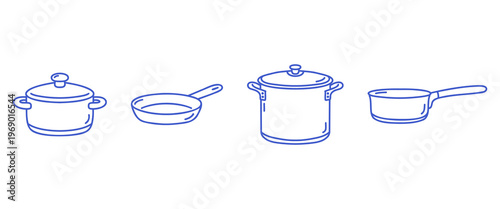 Cookware icons set with cooking pot with lid, frying pan, stockpot and saucepan. Blue line vector on white background.
