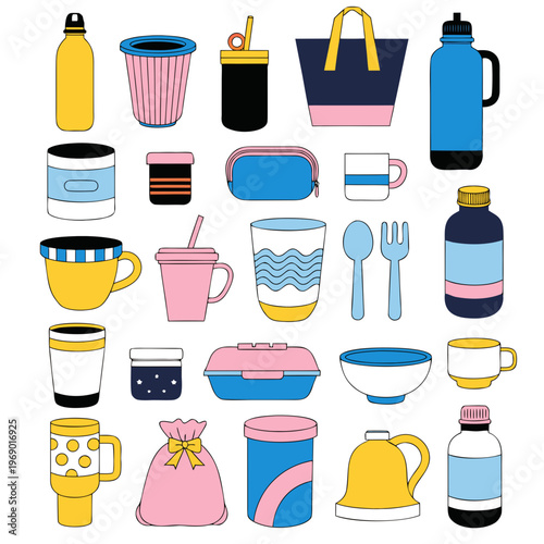 Set of various reusable containers, water bottles, lunch boxes, mugs, and bags for ecofriendly lifestyle