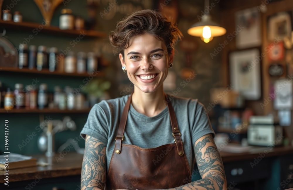 Obraz premium Young woman with tattoos wears leather apron smiling in shop. She works in a tattoo parlor or cafe. Entrepreneur looks happy. She is ready for clients.