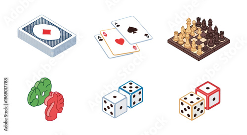 Collection of board game elements: cards, chess, dice, and tokens.