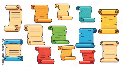 Collection of Colorful Scroll Paper Rolls, Vintage Paper Documents, Cartoon Style