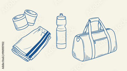 Essential gym and fitness accessories, including a duffel bag, water bottle, workout shorts, and wristbands.