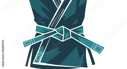 Martial Arts Uniform with Teal Belt Tied in Knot - Karate Gi Budo Sport
