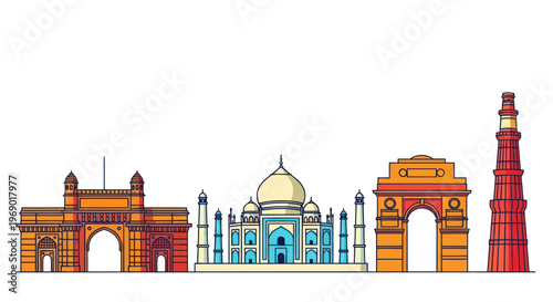 Iconic Indian Landmarks Skyline - Taj Mahal, India Gate, Gateway of India, Qutub Minar