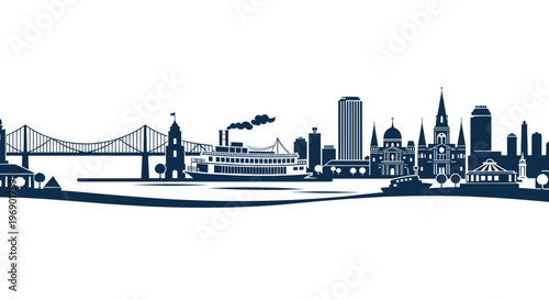 New Orleans Skyline Silhouette with Mississippi Riverboat and Bridge