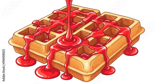 Two Waffles with Strawberry Syrup Drizzled, Isolated on White Background