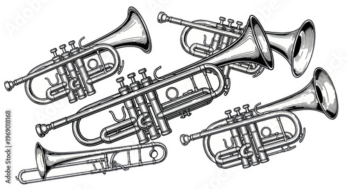 Vintage Trumpets and Trombone Illustration - Music Instruments Collection