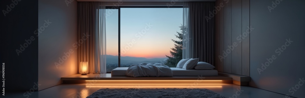 Obraz premium Minimalist bedroom with low bed platform near big window at sunset. Soft lamp glows in corner. Serene atmosphere, mountain view outside. Peaceful sleep sanctuary, modern home interior design for