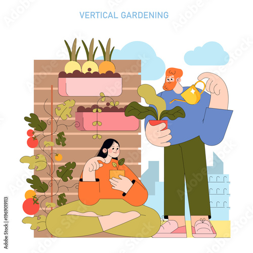 Vertical Gardening Vector Illustration with Plant Care