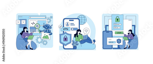 Woman Interacting with Cybersecurity Tools Vector Illustration