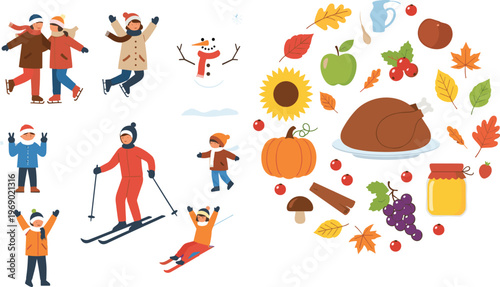 Flat vector set featuring winter outdoor activities with people skiing and ice skating plus autumn harvest icons like roast turkey, pumpkin, sunflower, and fall leaves.