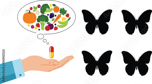 Hand holding vitamin pill capsule with thought bubble of fresh organic vegetables and fruits representing natural supplements healthy diet nutrition and butterfly silhouette icons.