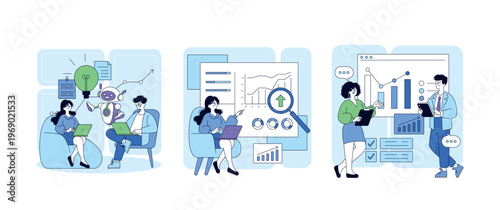 Vector Illustration of Team Analyzing Data and Graphs