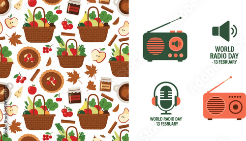 Autumn harvest seamless pattern with wicker food baskets and pies alongside World Radio Day flat icons featuring vintage radio microphone and headphones vector illustration.
