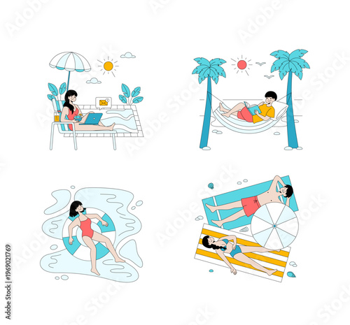 Vacation Activities Vector Illustration with Relaxing Scenes