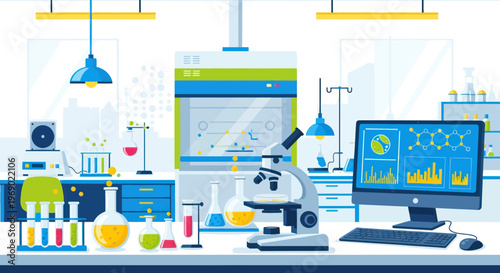Modern Science Laboratory with Microscope, Computer, and Scientific Equipment