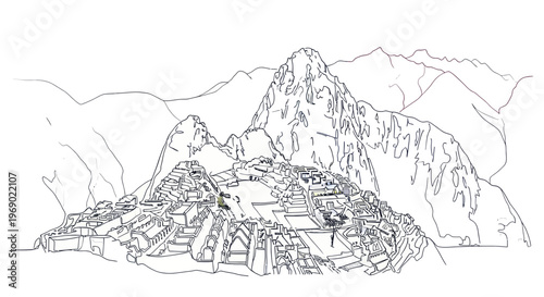 Machu Picchu Inca Citadel Outline Drawing Peru Andes Mountains Landmark