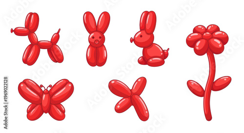 Red Balloon Animals and Shapes Collection: Dog, Rabbit, Butterfly, Flower, X