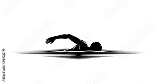 Silhouette of a swimmer performing freestyle stroke in water, black and white