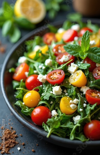 Fresh salad with cherry tomatoes, arugula, feta cheese, and mint leaves. Arugula salad with vibrant red and yellow tomatoes, crumbled white cheese and green mint herbs. Healthy vegetarian food.