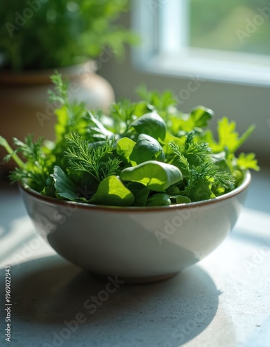 Fresh green salad mix in bowl. Assorted leafy herbs like dill and parsley. Natural light enhances vibrant colors. Healthy eating ingredient for light meal.