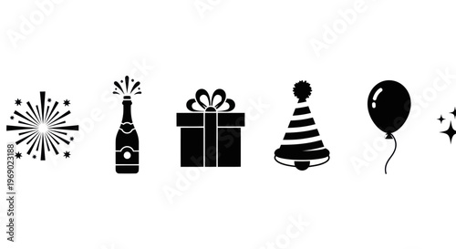 Party celebration with champagne, gift, hat, and balloon at night