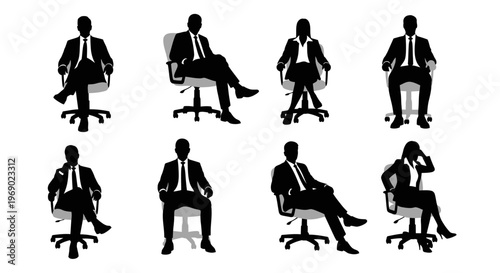 Eight silhouettes of businessmen sitting on office chairs in various poses on white background