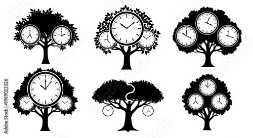 Clocks embedded in trees with varying clock faces and tree silhouettes against a plain background.