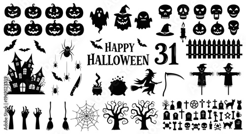 Halloween decorations and icons on a white background with spooky pumpkins and bats.