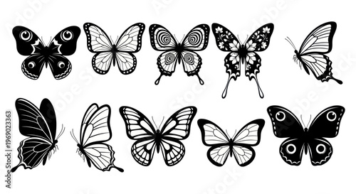 A collection of various butterflies are flying together outdoors in nature.