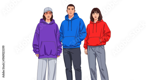 Three people wearing colorful hoodies standing together indoors