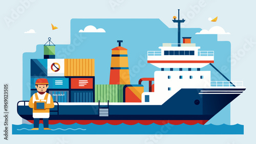Cargo ship with colorful containers docked at port, male worker in safety gear holding clipboard, blue sky and water in the background, concept of hijacking tankers during sanctions