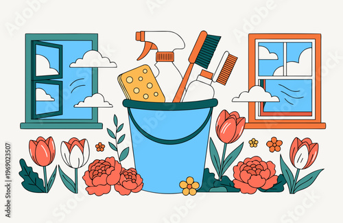 Cleaning supplies in a blue bucket surrounded by colorful flowers and open windows, illustrating a vibrant spring cleaning scene in a cheerful home environment