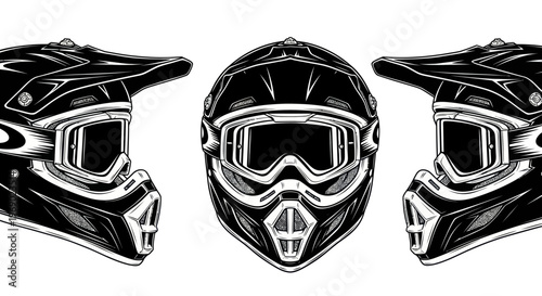 Three motorcycle helmets with goggles on a white background