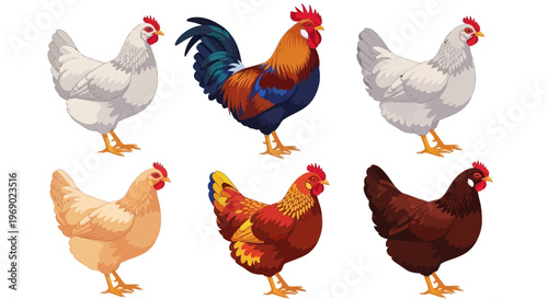 Six chickens and one rooster standing together on a plain surface