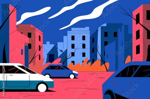 Destruction of a cityscape after bombing illustrated with damaged buildings, abandoned cars, and a stark color palette of red, blue, and white in a surreal urban environment