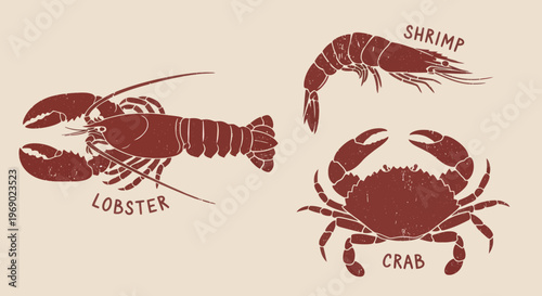 A seafood illustration features a lobster, shrimp and crab on a plate.