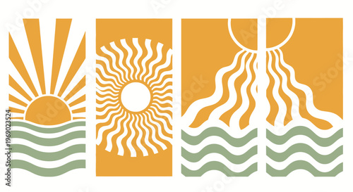 Vibrant sunburst patterns dance across wavy lines on orange background