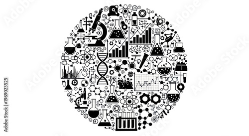 A collage of various science and technology icons arranged in a circular pattern on a white background.