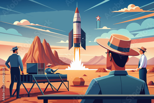 Sleek rocket launch vintage illustration with spectators observing from a distance in a desert landscape featuring mountains and a colorful sky