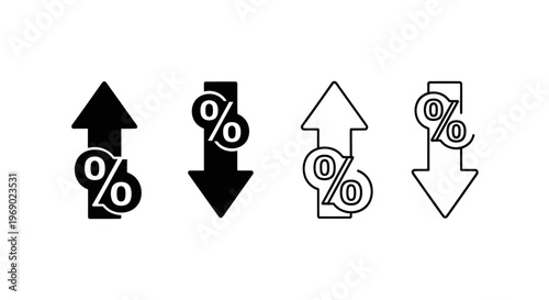 Four icons show arrows with percentage signs moving up and down