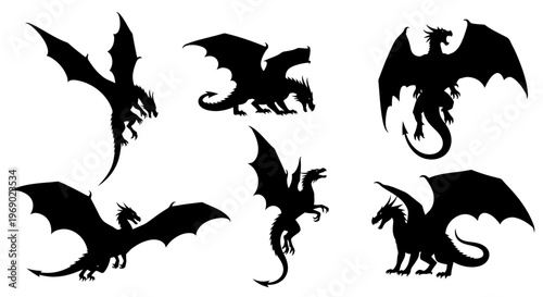 Six black dragon silhouettes in various poses flying and standing.