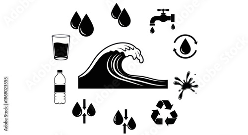 Black icons of water conservation and recycling surround a wave