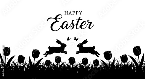 Two rabbits run through tulips on a sunny Easter morning